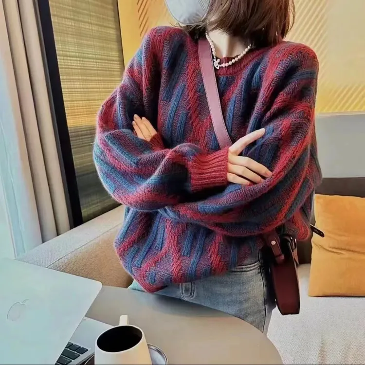 红色当季新款菱格套头毛衣宽松柔软好看慵懒风时尚针织百搭复古