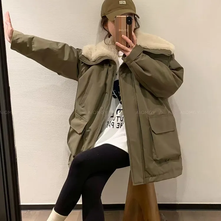 【露思同款】冬季新款时尚百搭洋气加厚内里毛绒拼接派克服上衣