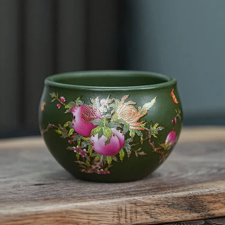 108 紫砂杯宜兴原矿绿泥手工珐琅彩手绘寿桃紫砂主人杯品茗茶杯