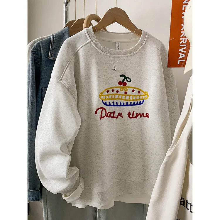 韩系水果蛋糕刺绣卫衣女秋冬2025新款慵懒风软糯圆领外套百搭上衣