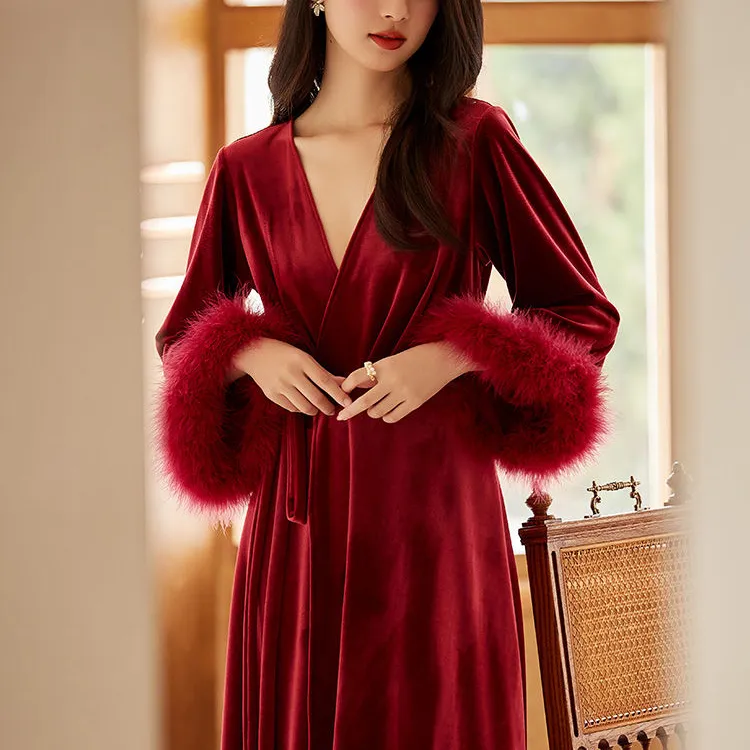 法式晨袍新娘高级感羽毛结婚睡袍金丝绒本命年红色睡衣女士秋冬季