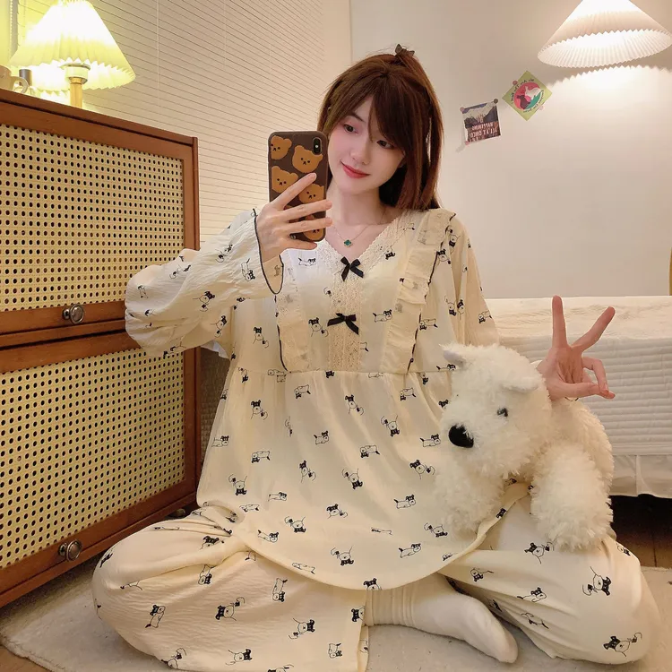 加肥加大码日系风春秋季云朵棉睡衣女长袖可爱卡通小狗家居服套装