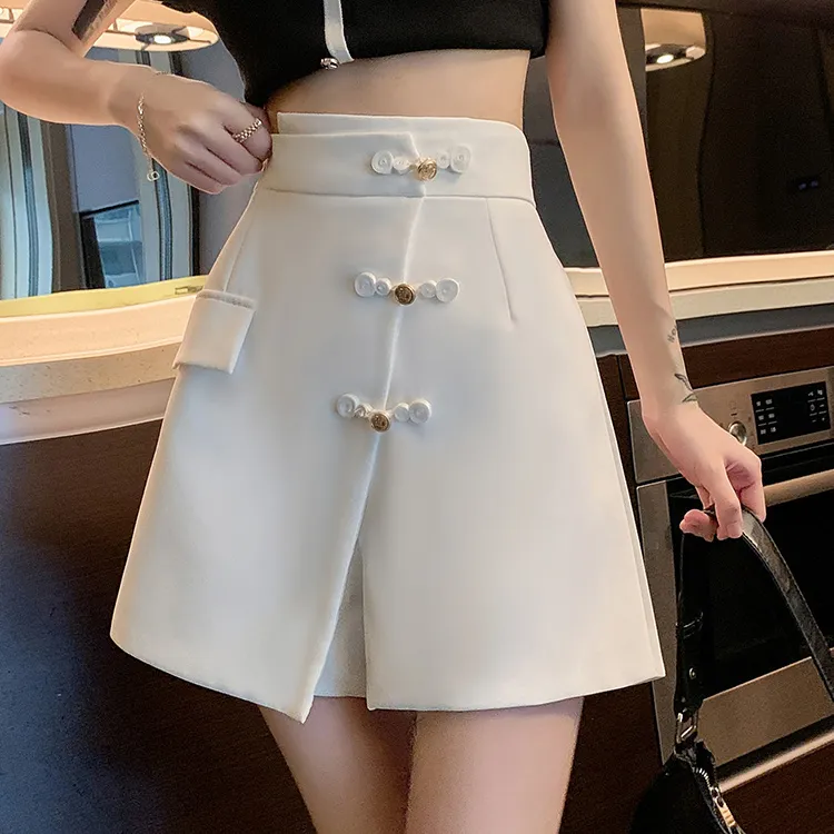 白色盘扣不规则阔腿裤裙夏薄款感假两件休闲短裤西装A字热裤