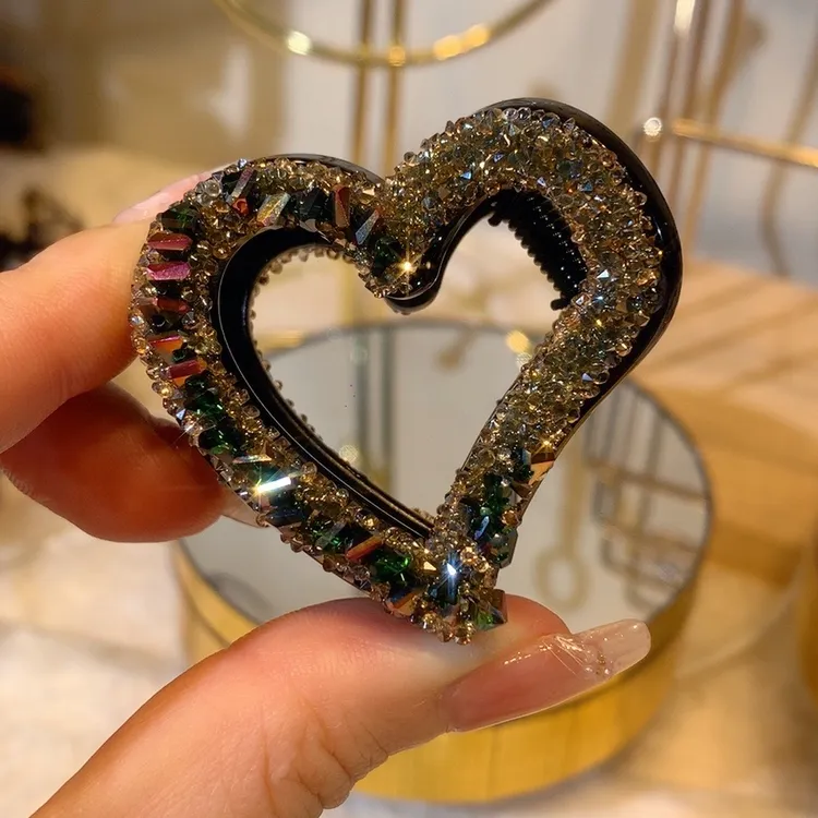 韩版新品桃心抓夹4公分发夹气质绿色镶钻夹子头饰发饰满钻轻奢