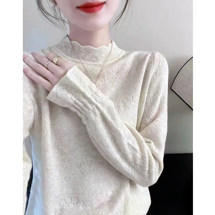 花瓣领精美提花宽松半高领秋冬打底针织衫套头毛衣10061