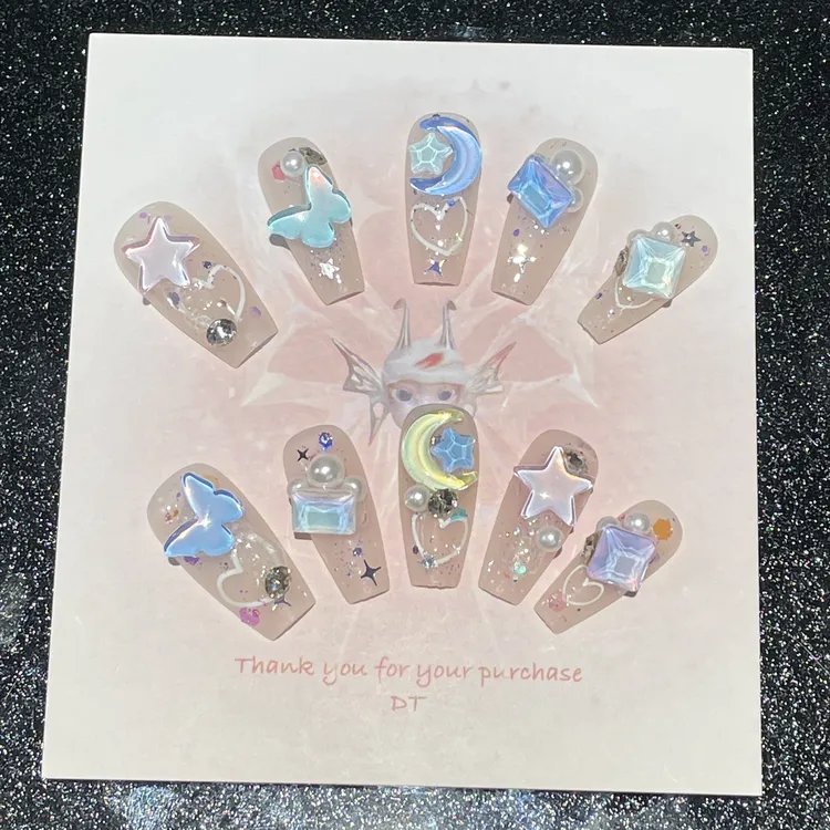 草莓兔穿戴甲【仲夏夜之梦】蝴蝶月亮星星摩卡闪钻重工纯手工光疗