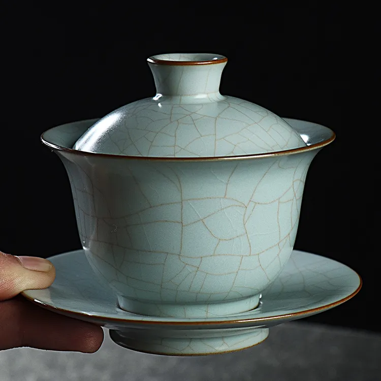 清沐堂主茶养开片天青汝窑盖碗家用陶瓷茶具三才单杯泡茶敬茶碗