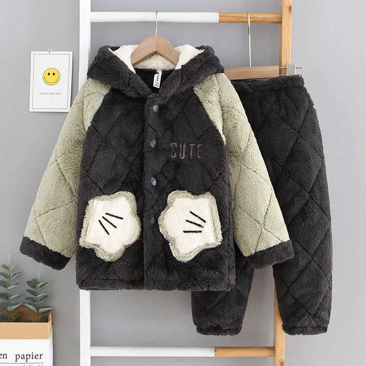 儿童睡衣男童冬季加厚款珊瑚绒三层夹棉连帽法兰绒拼色家居服套装