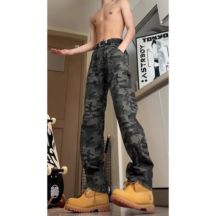 美式复古迷彩牛仔裤男秋冬加绒直筒休闲男生显高显瘦窄版工装长裤