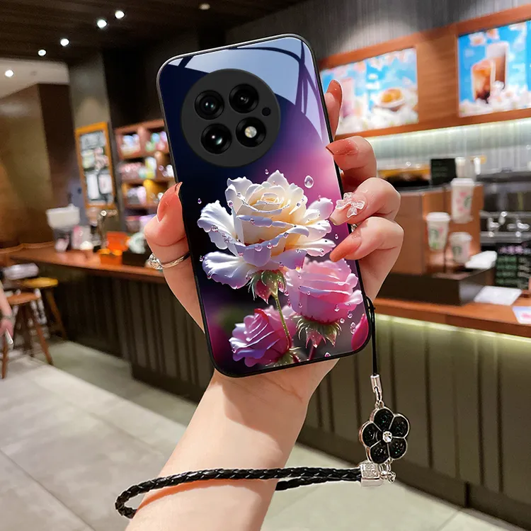 绽放玫瑰适用一加13手机壳1加13玻璃壳oneplus1+13女挂绳超薄硅胶