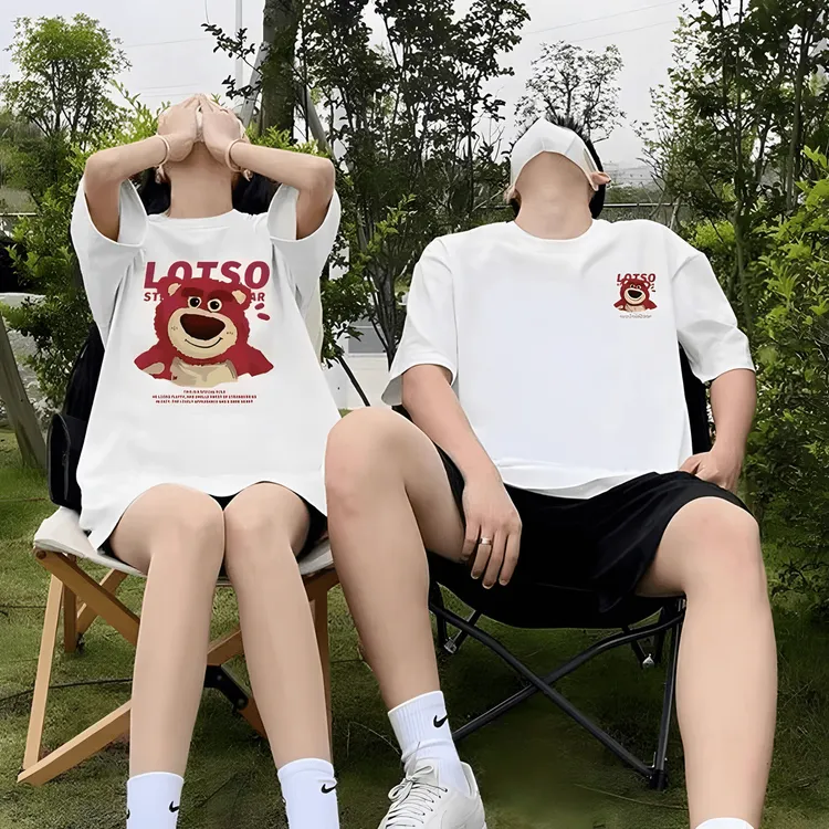 【两件装】草莓熊情侣T恤2026新款一男一女纯棉圆领短袖潮流宽松ins