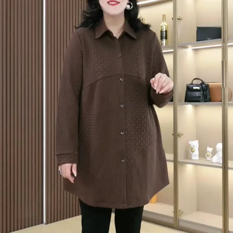 大码女装长外套女2024秋季新款纽扣翻领宽松上衣外套ZB6138