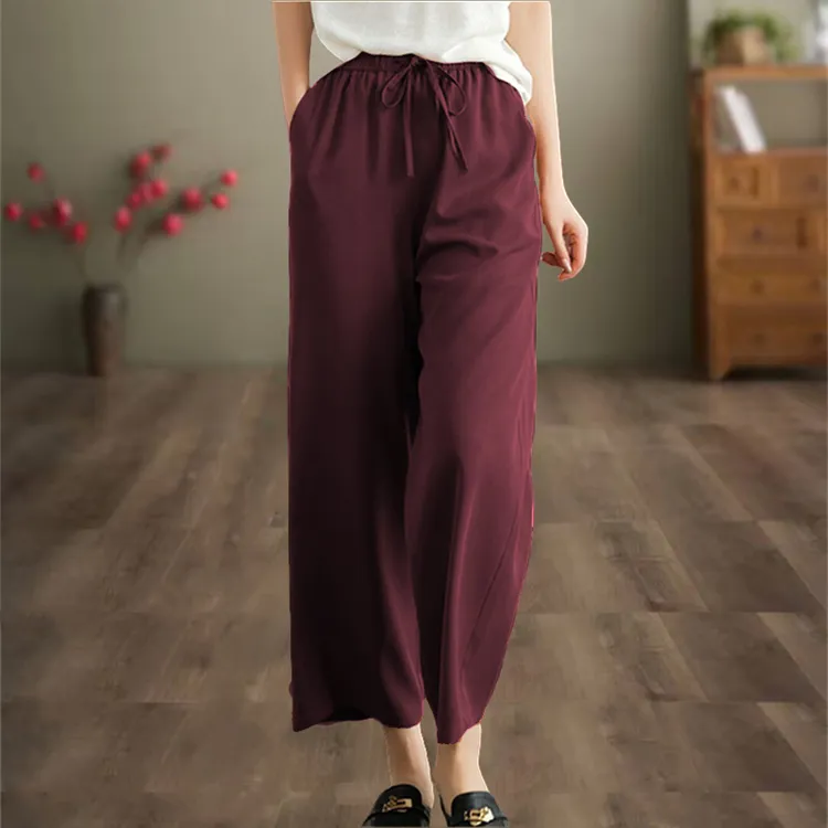 铜氨丝八分裤薄款夏季新中式宽松高腰休闲九分大码女裤纯色直筒裤
