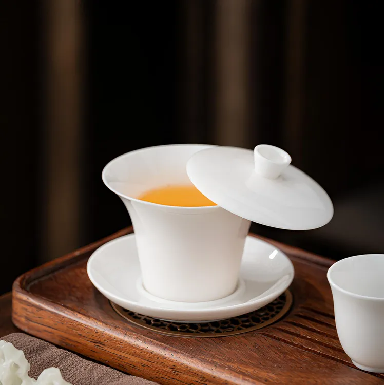 马蹄三才盖碗茶杯薄胎羊脂玉瓷陶瓷大号高端功夫泡茶碗可悬停旋转商品图