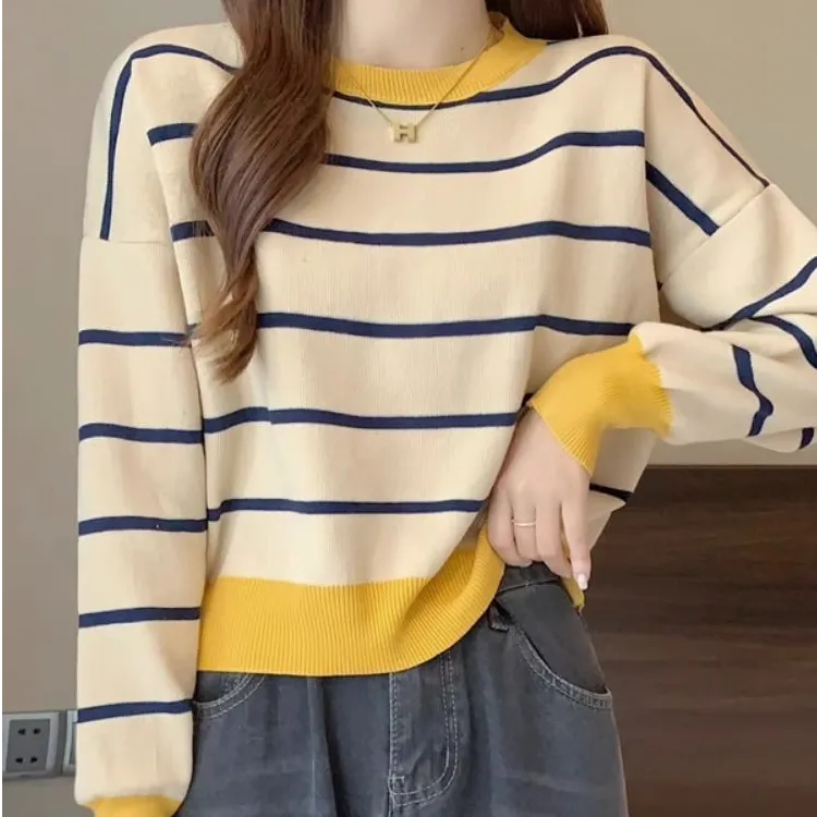 条纹长袖T恤女春秋季设计感宽松上衣小个子时尚打底衫洋气针织衫