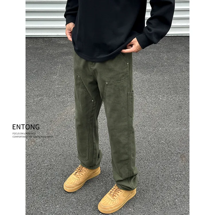 Entongvibe双膝伐木裤男潮流日系宽松直筒工装牛仔长裤子牛仔裤