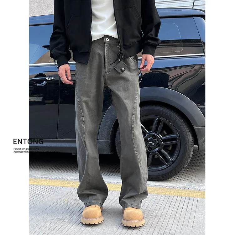 Entong美式cleanfit直筒工装裤男潮牌休闲牛仔裤高街vibe弯刀长裤