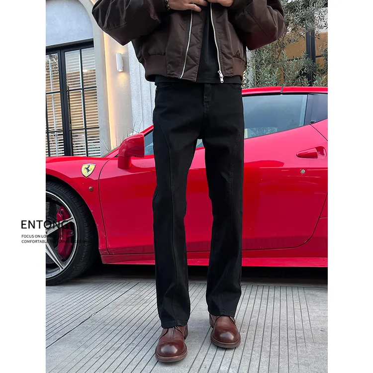 Entong美式高街大码黑色弹力直筒牛仔裤男cleanfit修身显瘦裤子男