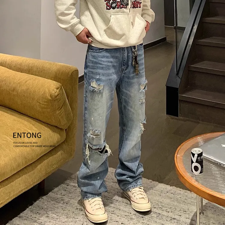 Entong美式高街复古水洗设计感浅色直筒破洞牛仔裤男宽松潮流裤子
