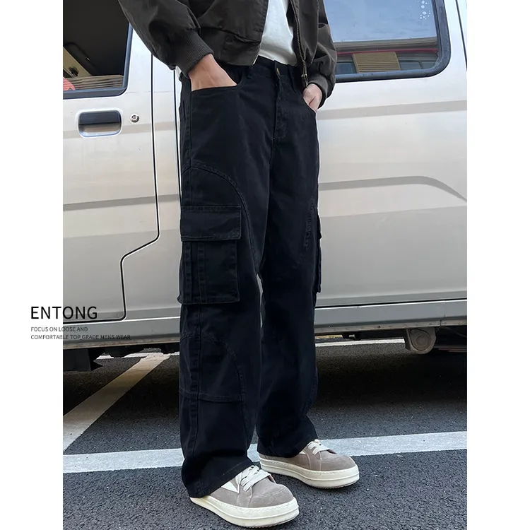 Entong美式复古水洗多口袋工装裤男生街头做旧黑色直筒宽松裤子潮
