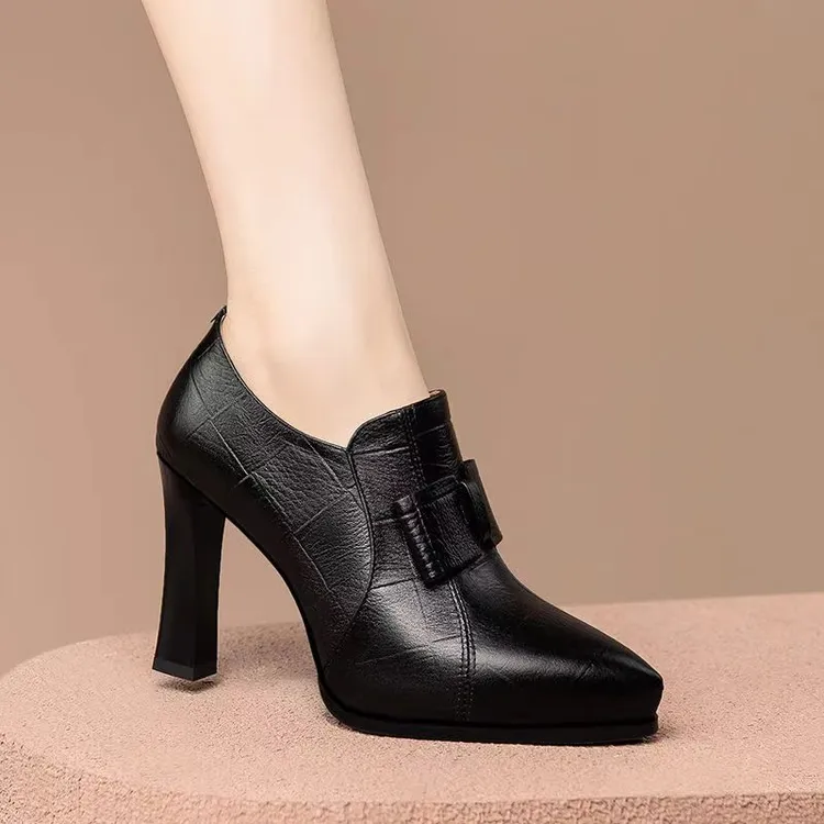 真软皮防水台深口粗跟单鞋女蝴蝶结尖头踝靴厚底爆款春秋新款女鞋