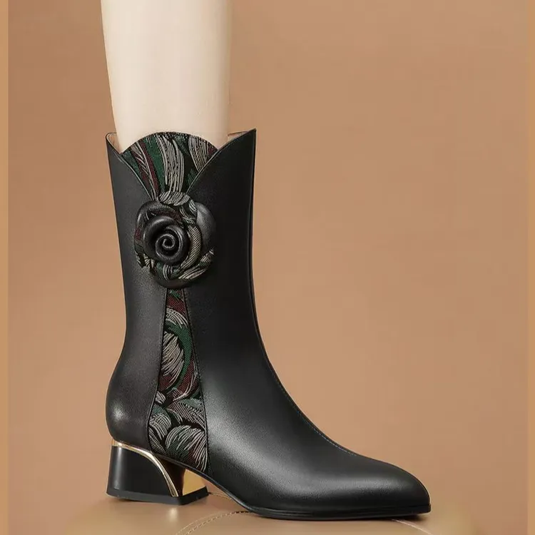 2025新款秋冬季软皮中筒女靴粗跟女士皮鞋短靴中跟马丁靴大码女鞋