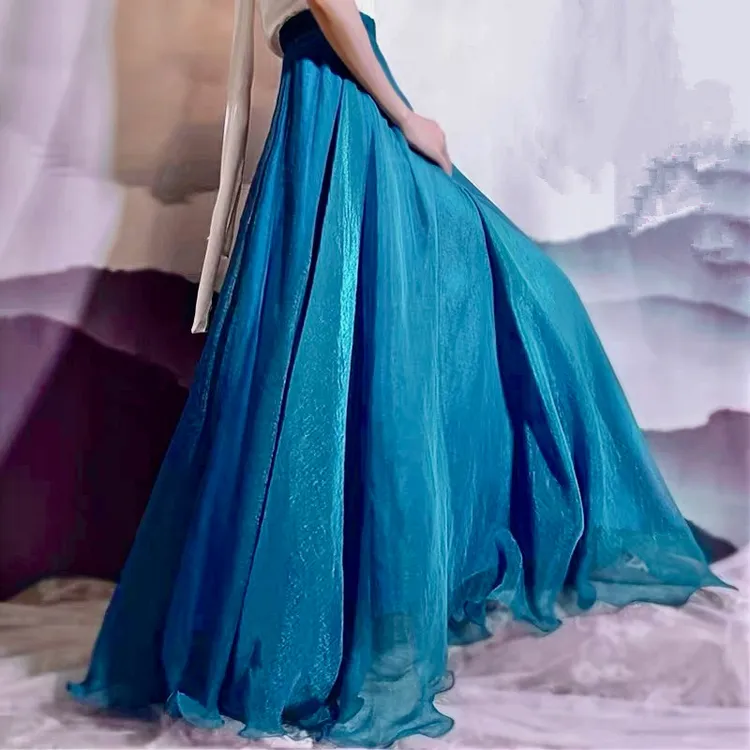 540度大摆金丝雪纺半身舞蹈长裙演出大摆飘逸双层荷叶边半身裙