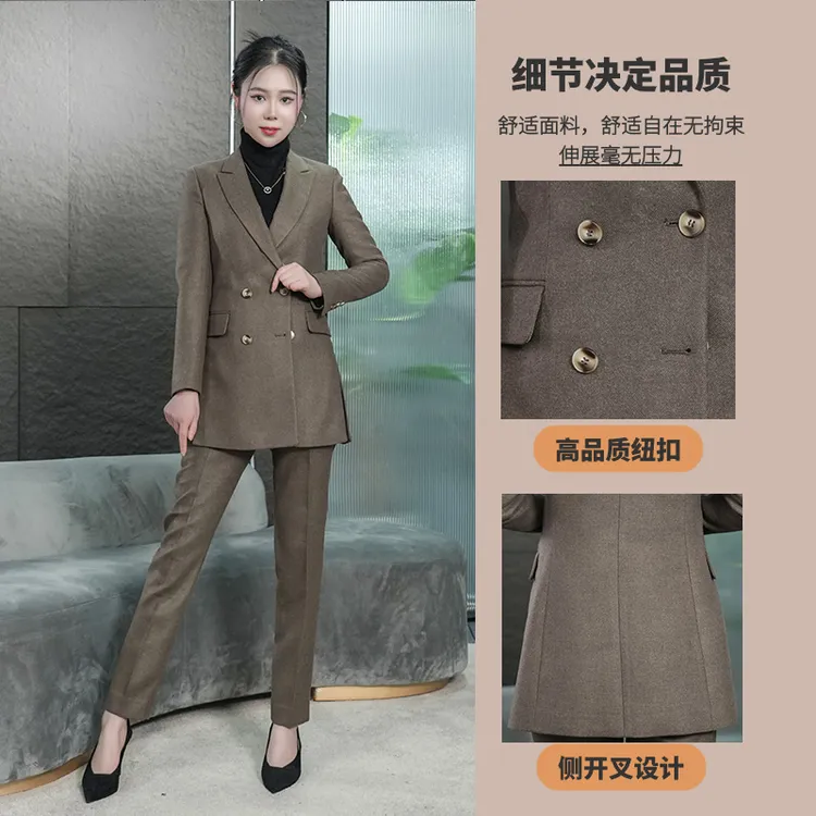 【丽爷】152驼黑双色毛呢小脚裤西装套装   