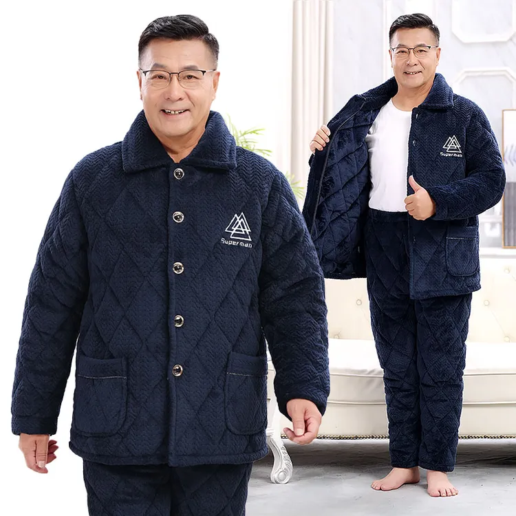 冬季珊瑚绒睡衣男中老年人爸爸三层夹棉男士睡衣冬款加厚加绒爸爸