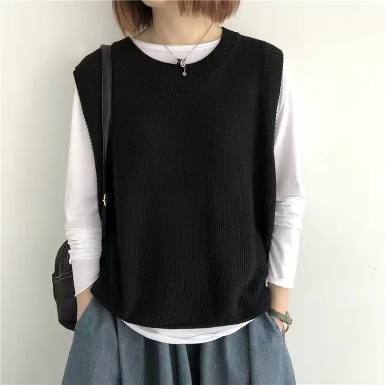 春秋季新款圆领棉线纯色针织马甲女宽松背心