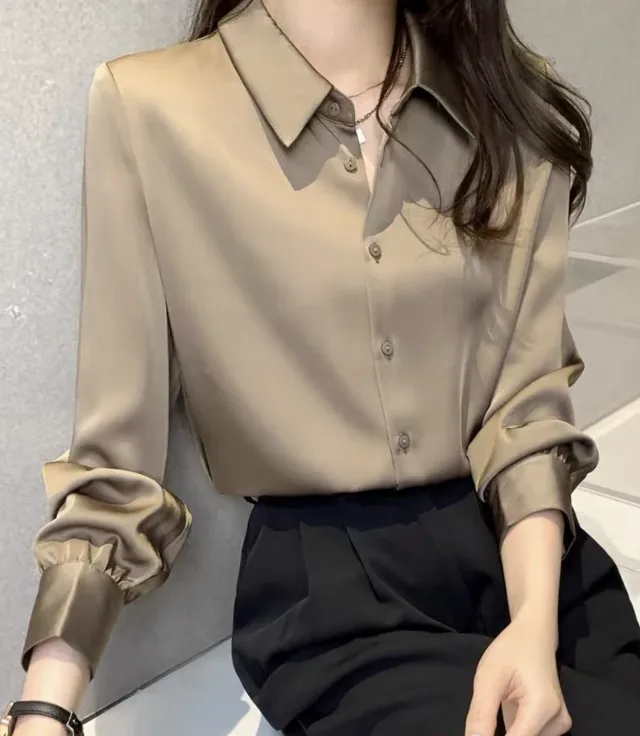 春秋新款缎面轻熟衬衫长袖显瘦爆款百搭品质上衣女气质衬衫