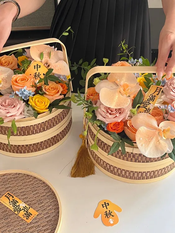 （花园时光）中秋节月饼花篮端午节粽子插花竹编手提篮