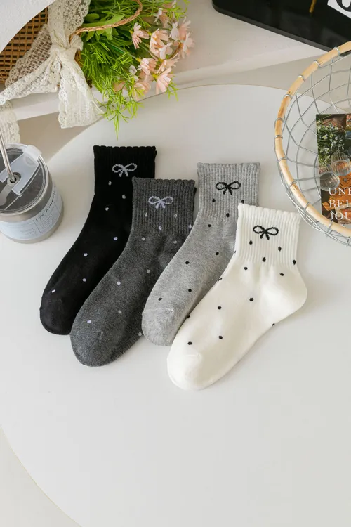 新款蝴蝶结波点花边堆堆袜学生ins潮长筒袜日系网红中筒百搭女袜 