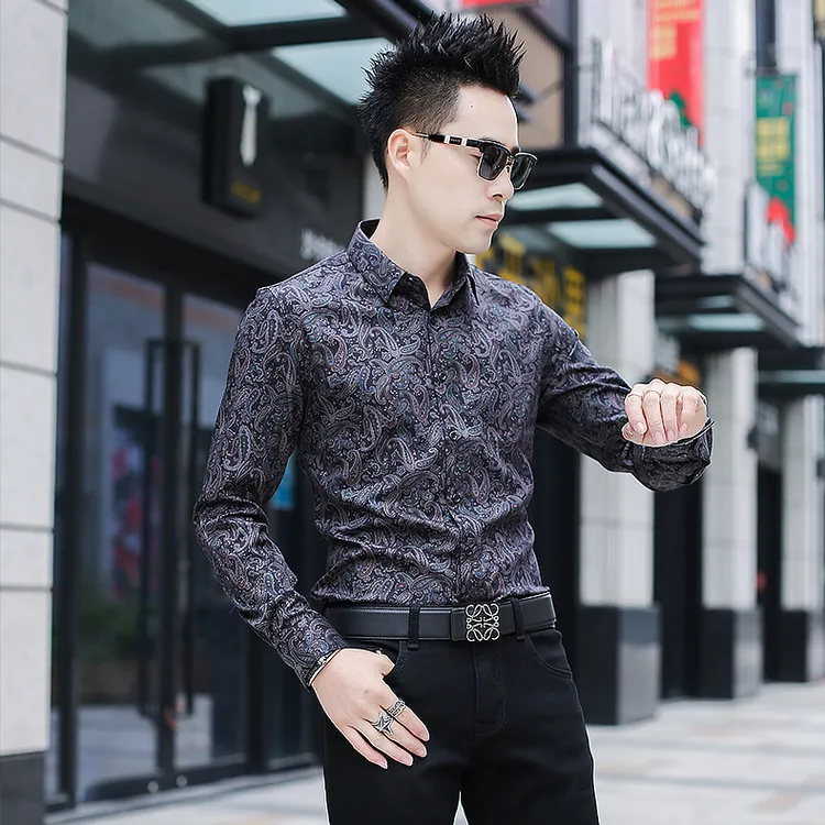 复古腰果花巴洛克长袖衬衣轻奢时尚休闲薄款修身花衬衫男款长袖