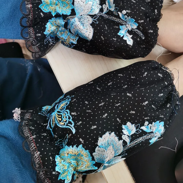 纤妒蕾丝防污时尚夏季网红长款袖套百搭重工黑色绣花蓝色印花套袖