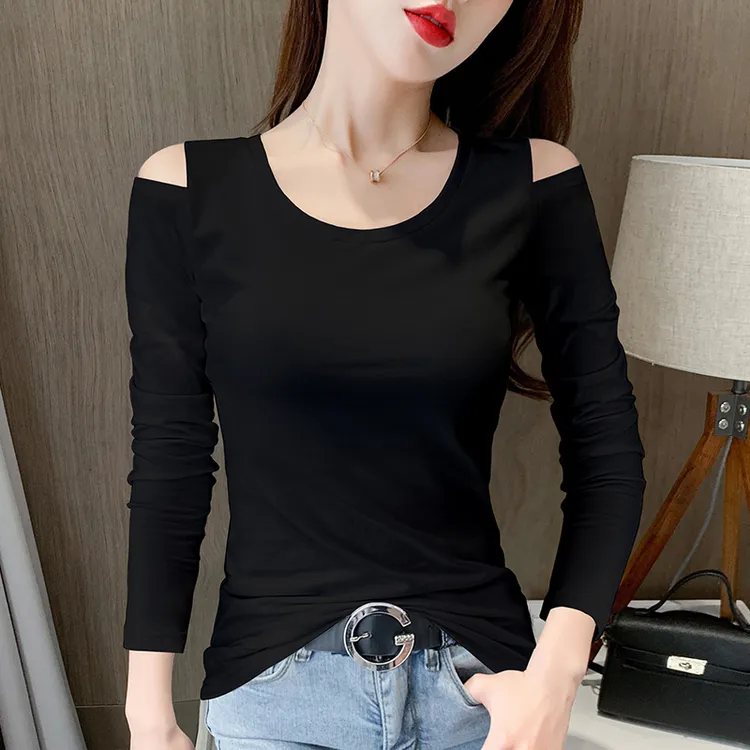 黑色长袖t恤女士2025春秋季内搭圆领露肩纯棉修身显瘦打底衫上衣