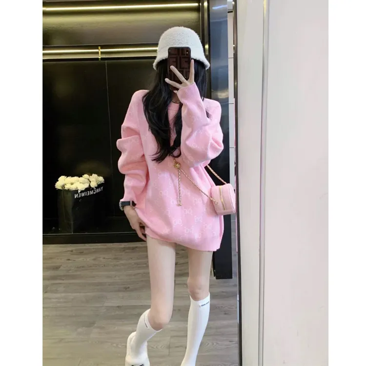 慵懒风网红洋气减龄粉色毛衣女秋冬韩版气质宽松时尚显瘦针织衫潮