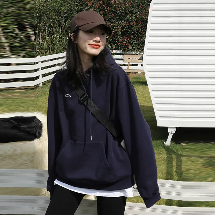 美式复古蓝色连帽加绒加厚卫衣女秋冬宽松韩版小众高街情侣外套潮