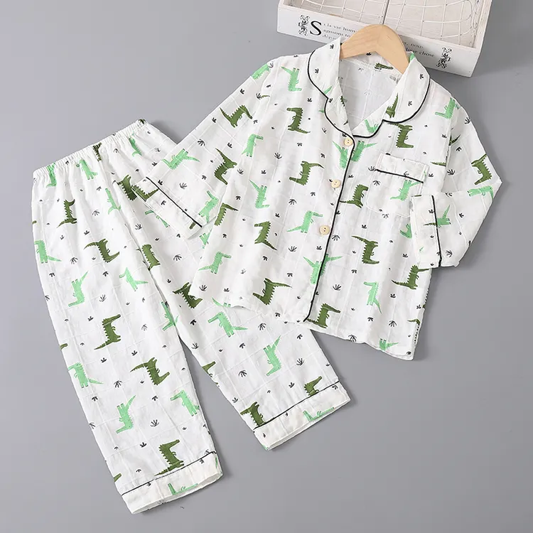 夏季儿童薄款纯棉纱布长袖睡衣男童女童宝宝空调儿童棉绸睡衣