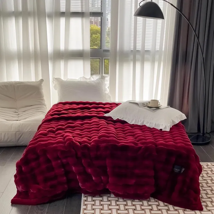 出口原单仿皮草兔毛绒毛毯子简约轻奢高端加厚纯色撸猫感【黄一恒】