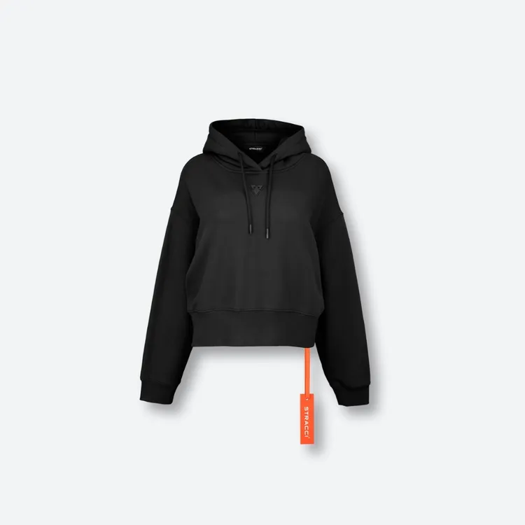 STRACCI女装时尚黑色超大短款头帽卫衣针织