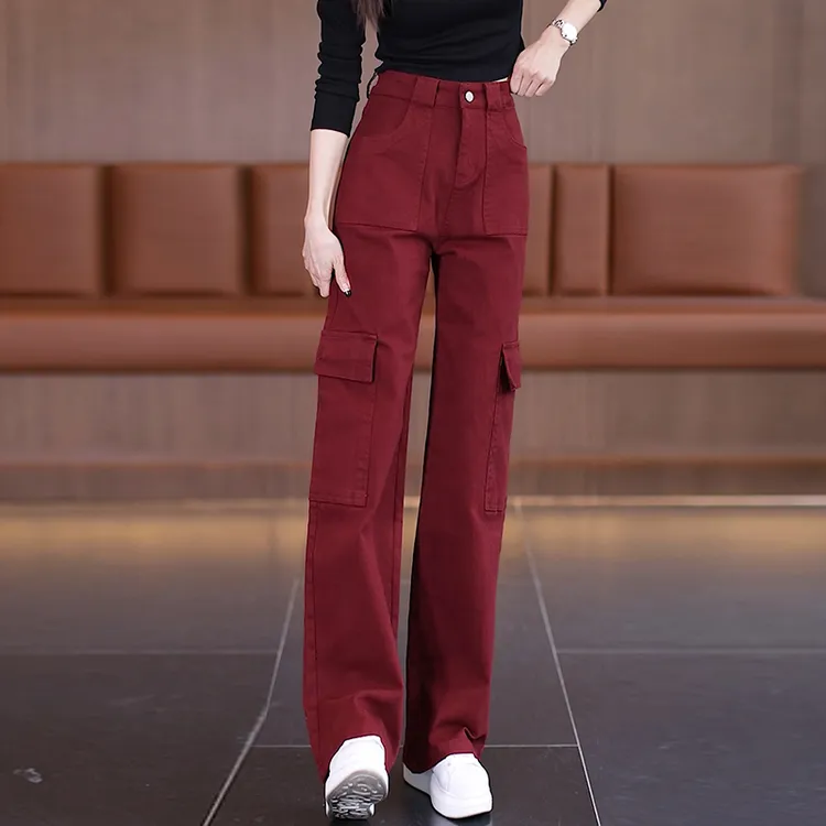 酒红色美式工装裤子女春秋季2025新款爆款高腰显瘦百搭运动阔腿裤