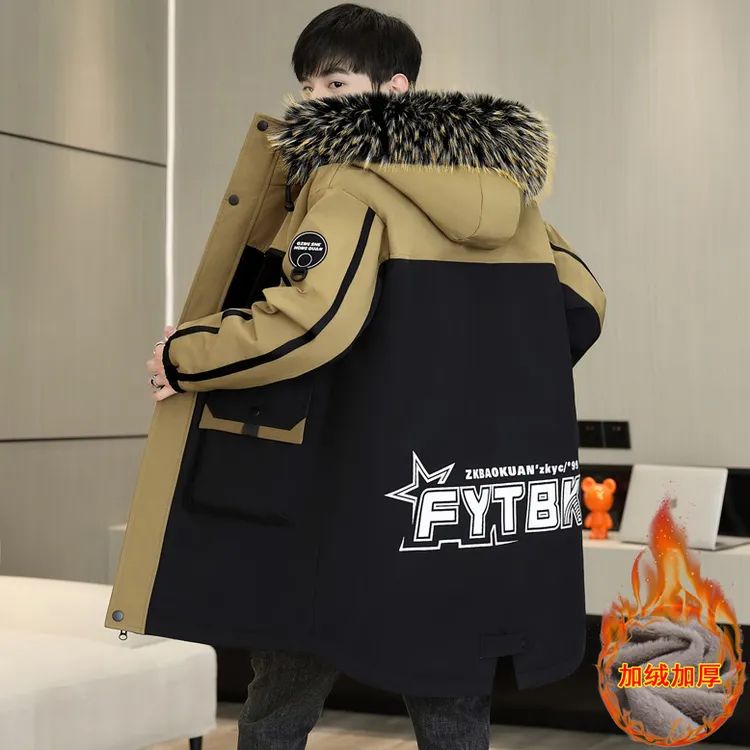 男士外套中长款加绒加厚2025冬季连帽青少年派克服保暖防寒棉衣服