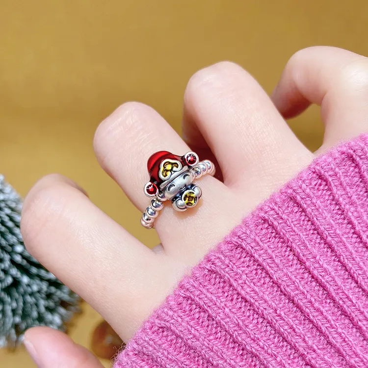 言若银匠 足银戒指 纯银小财神银珠珐琅彩红色本命年食指戒JZ102