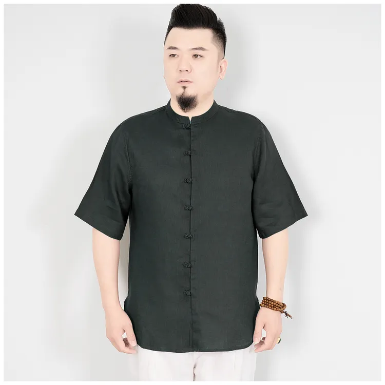 夏季男装衬衫纯亚麻短袖衬衣中式立领宽松大码薄款休闲上衣