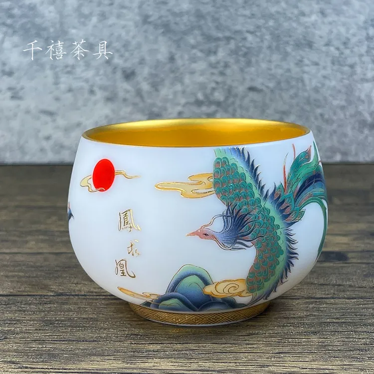 德化白瓷鎏金手工羊脂玉瓷凤求凰主人茶杯鎏金个人单杯茶碗礼盒装