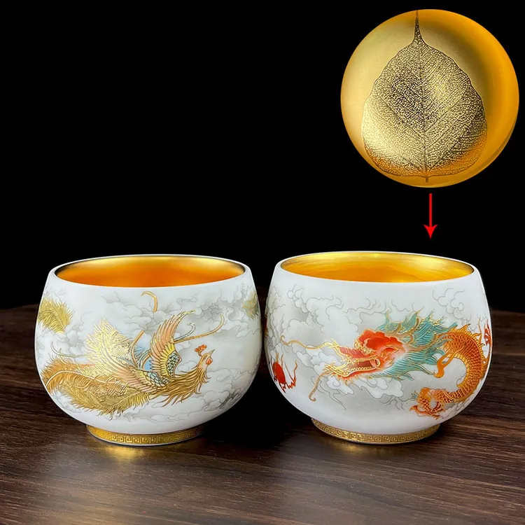 高端鎏金龙凤呈祥对杯手工陶瓷情侣家用个人主人杯白瓷大容量茶杯