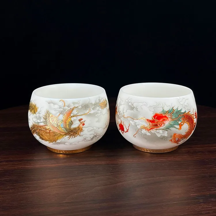 高档家用茶具龙凤情侣描金对杯羊脂玉瓷主人杯陶瓷白瓷夫妻禅定杯