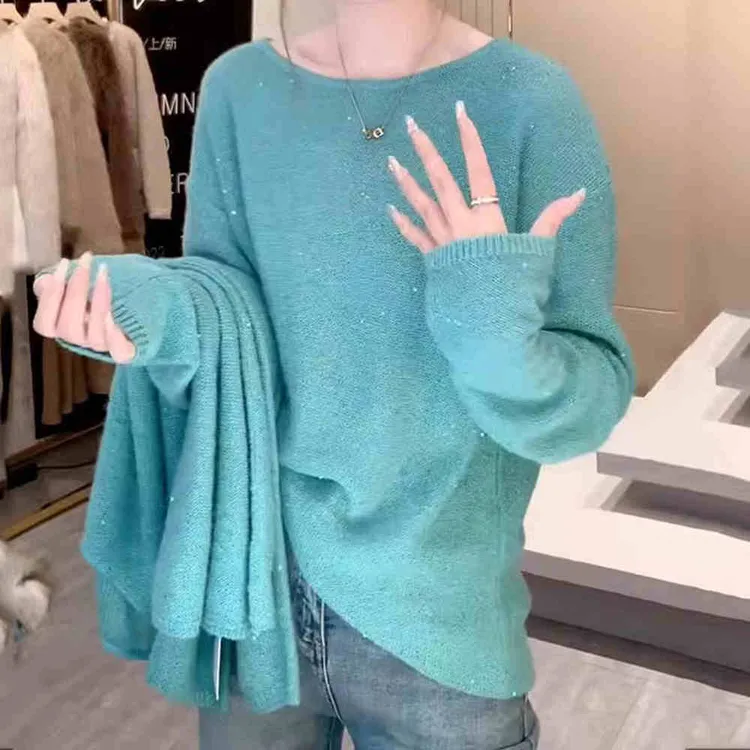 大码慵懒圆领蓝色套头毛衣针织衫女春季宽松显瘦内搭外穿时尚女装
