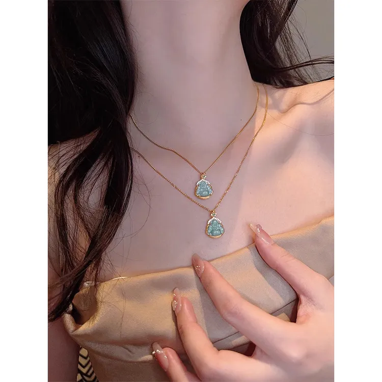 天然危料蓝水翡翠弥勒佛新中式迷你佛公项链女新款通体s925银镶嵌